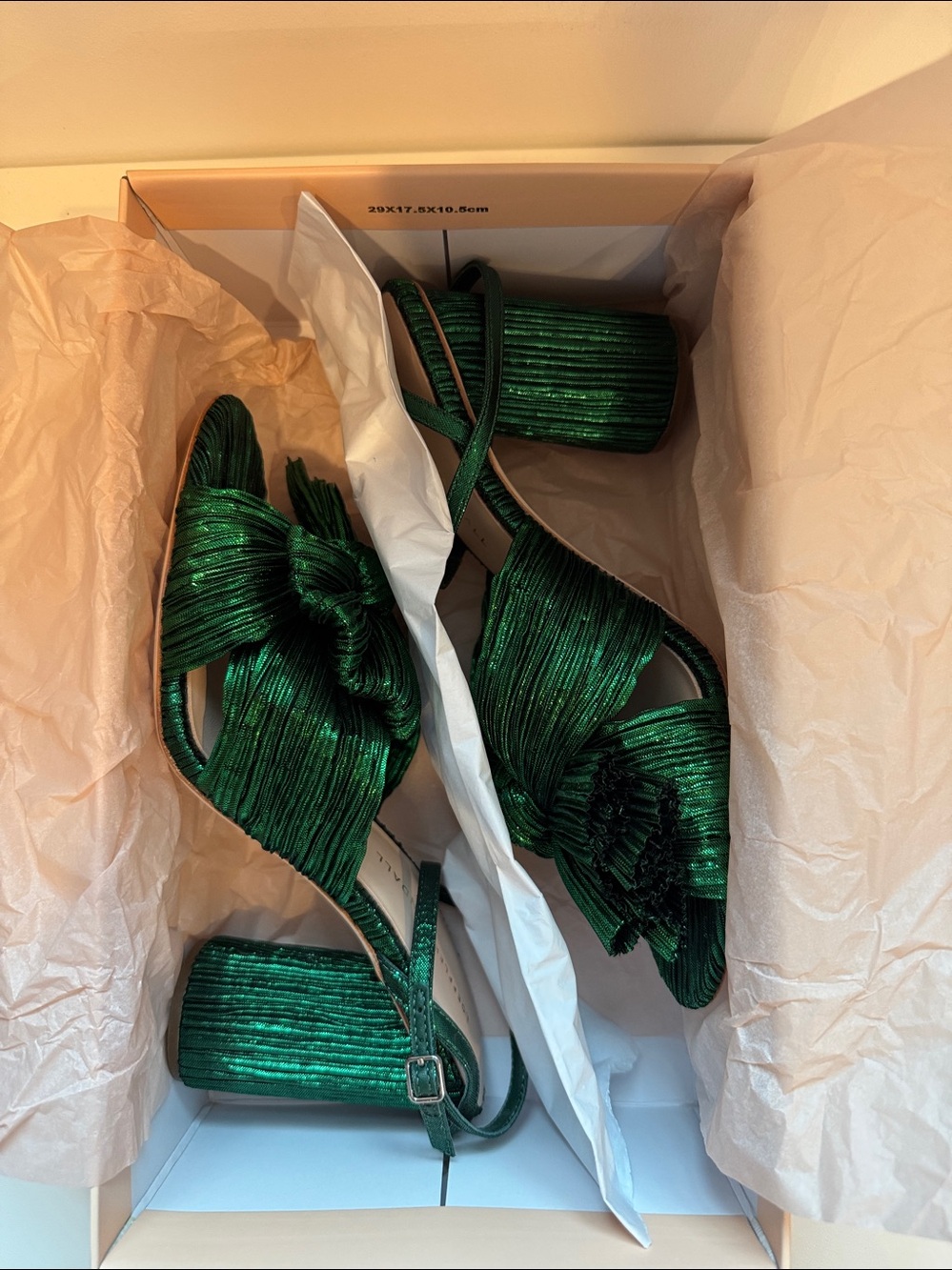 New in Box Loeffler Randall Camellia Metallic Emerald Bow Block Heel Sandals - Picture 5 of 6